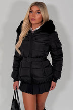Black Faux Fur Hood Jacket With Belt
