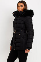 Black Puffer Coat With Faux Fur Hood And Belt