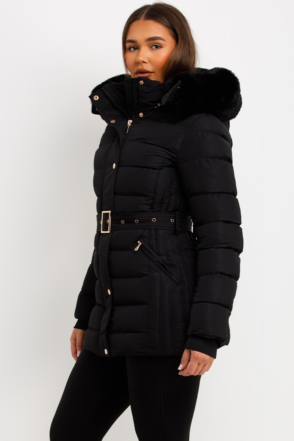 Black Puffer Coat With Faux Fur Hood And Belt