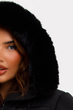Black Puffer Jacket With Fur Hood
