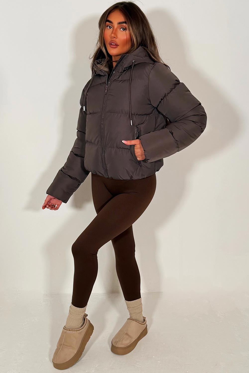 Hooded Puffer Jacket Brown