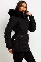 Black Puffer Coat With Faux Fur Hood And Belt