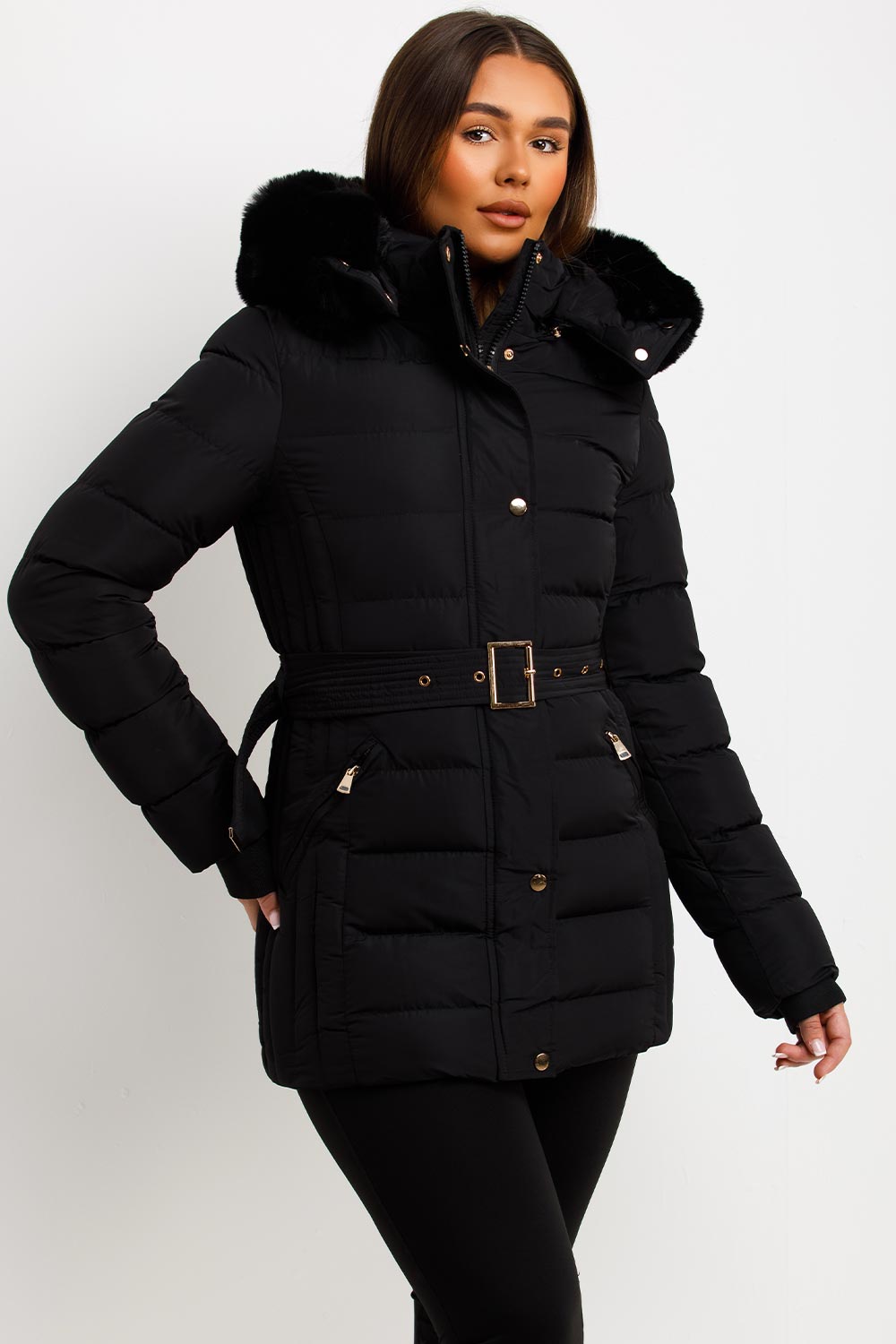 Black Puffer Coat With Faux Fur Hood And Belt
