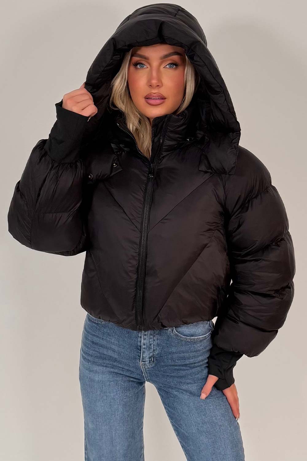 Black Puffer Padded Jacket With Hood