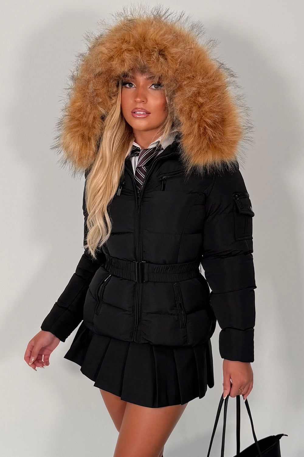 Faux Fur Hood Puffer Jacket With Belt Black