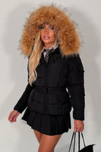 Faux Fur Hood Puffer Jacket With Belt Black