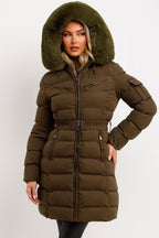 Long Puffer Coat With Fur Hood And Belt Khaki