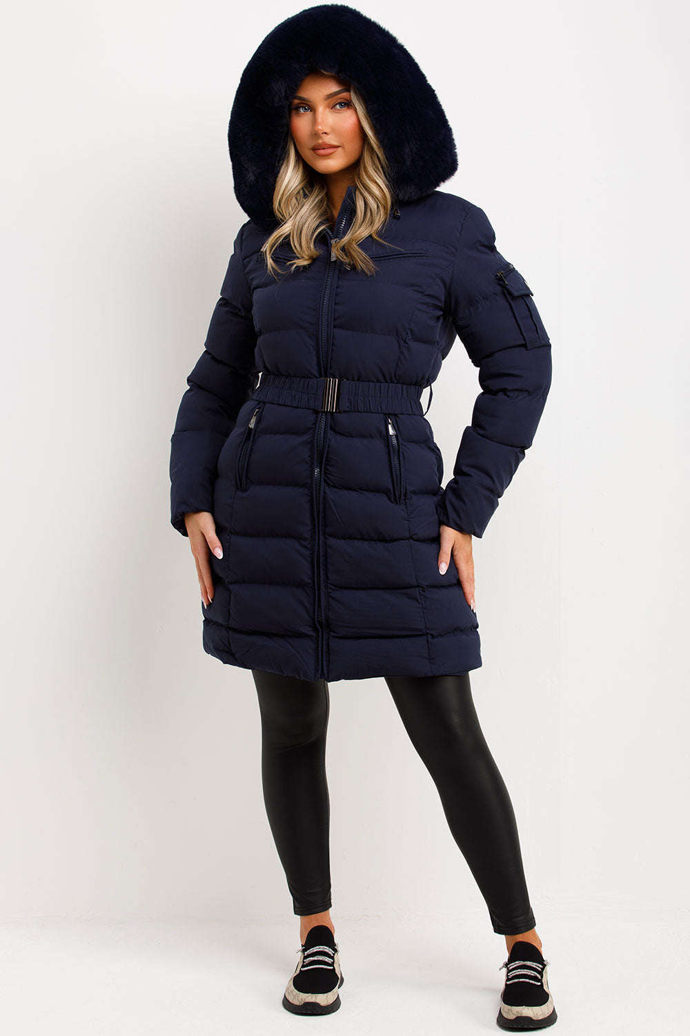 Long Puffer Coat With Fur Hood And Belt Navy