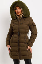 Long Puffer Coat With Fur Hood And Belt Khaki