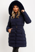 Long Puffer Coat With Fur Hood And Belt Navy