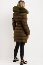 Long Puffer Coat With Fur Hood And Belt Khaki