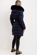 Long Puffer Coat With Fur Hood And Belt Navy