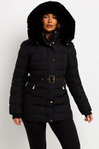 Black Puffer Coat With Faux Fur Hood And Belt