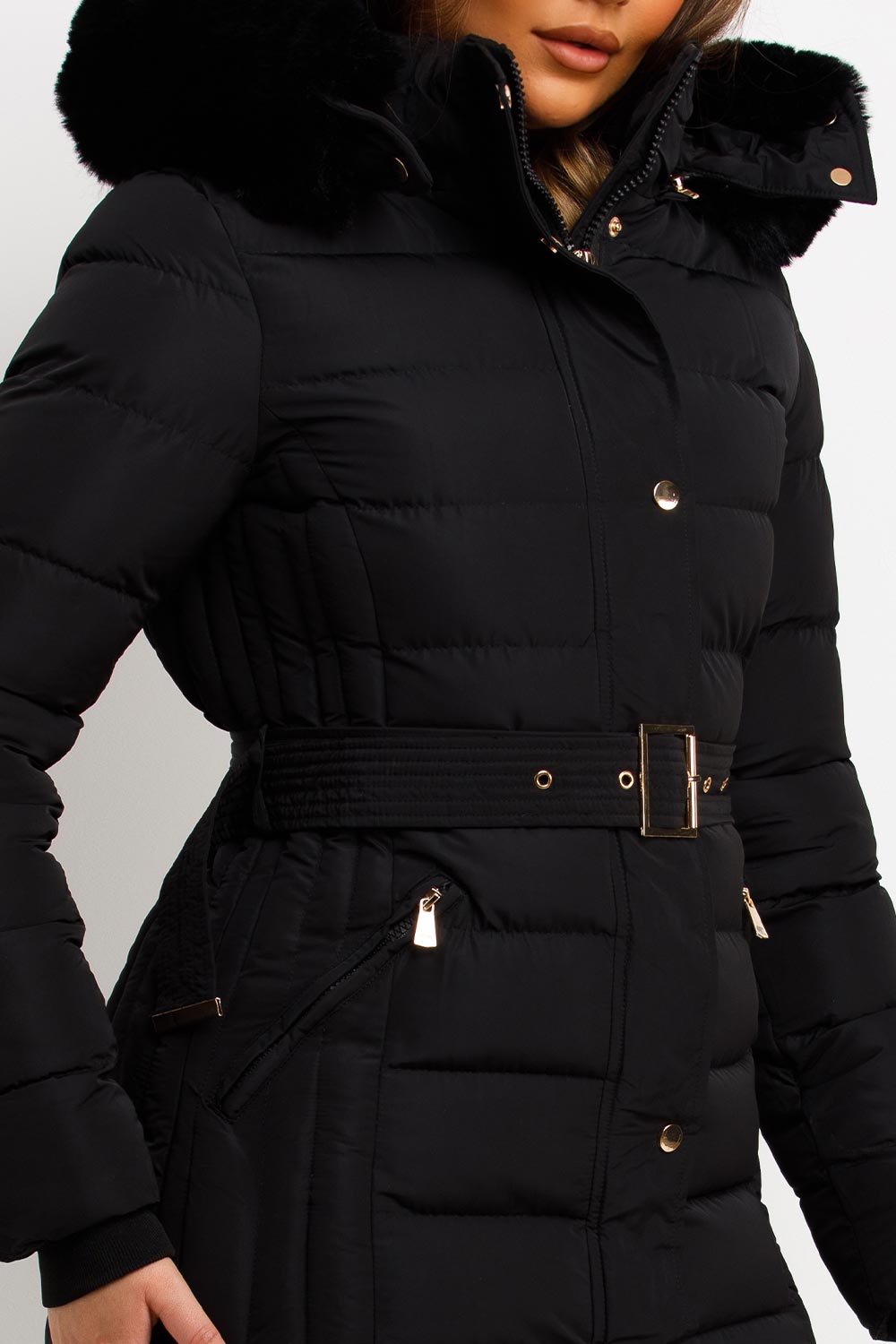 Black Puffer Coat With Faux Fur Hood And Belt