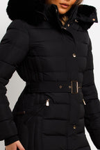 Black Puffer Coat With Faux Fur Hood And Belt