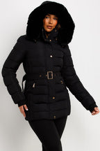 Black Puffer Coat With Faux Fur Hood And Belt