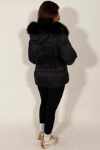 Black Faux Fur Hood Puffer Jacket With Belt