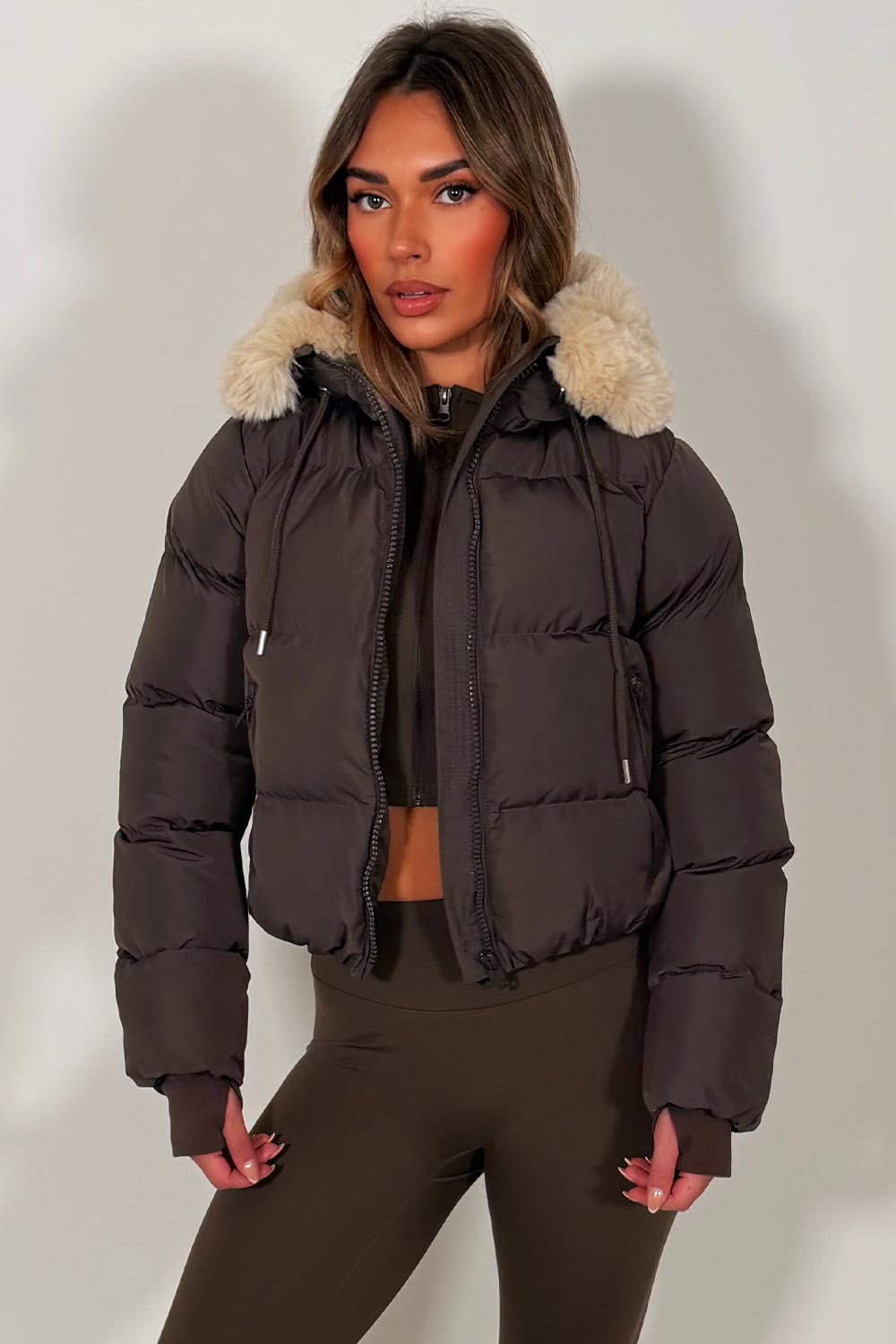 Brown Puffer Jacket With Fur Hood