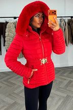 Red Puffer Jacket With Faux Fur Hood And Gold Belt