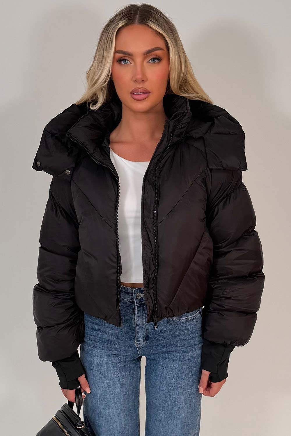 Black Puffer Padded Jacket With Hood