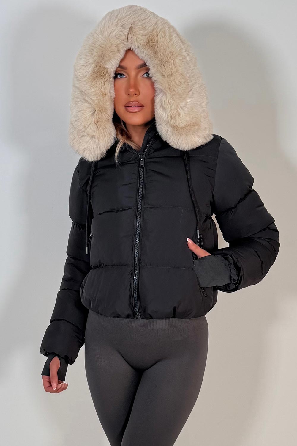 Puffer Jacket With Fur Hood Charcoal Grey