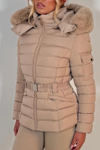 Puffer Padded Winter Jacket With Faux Fur Hood Beige