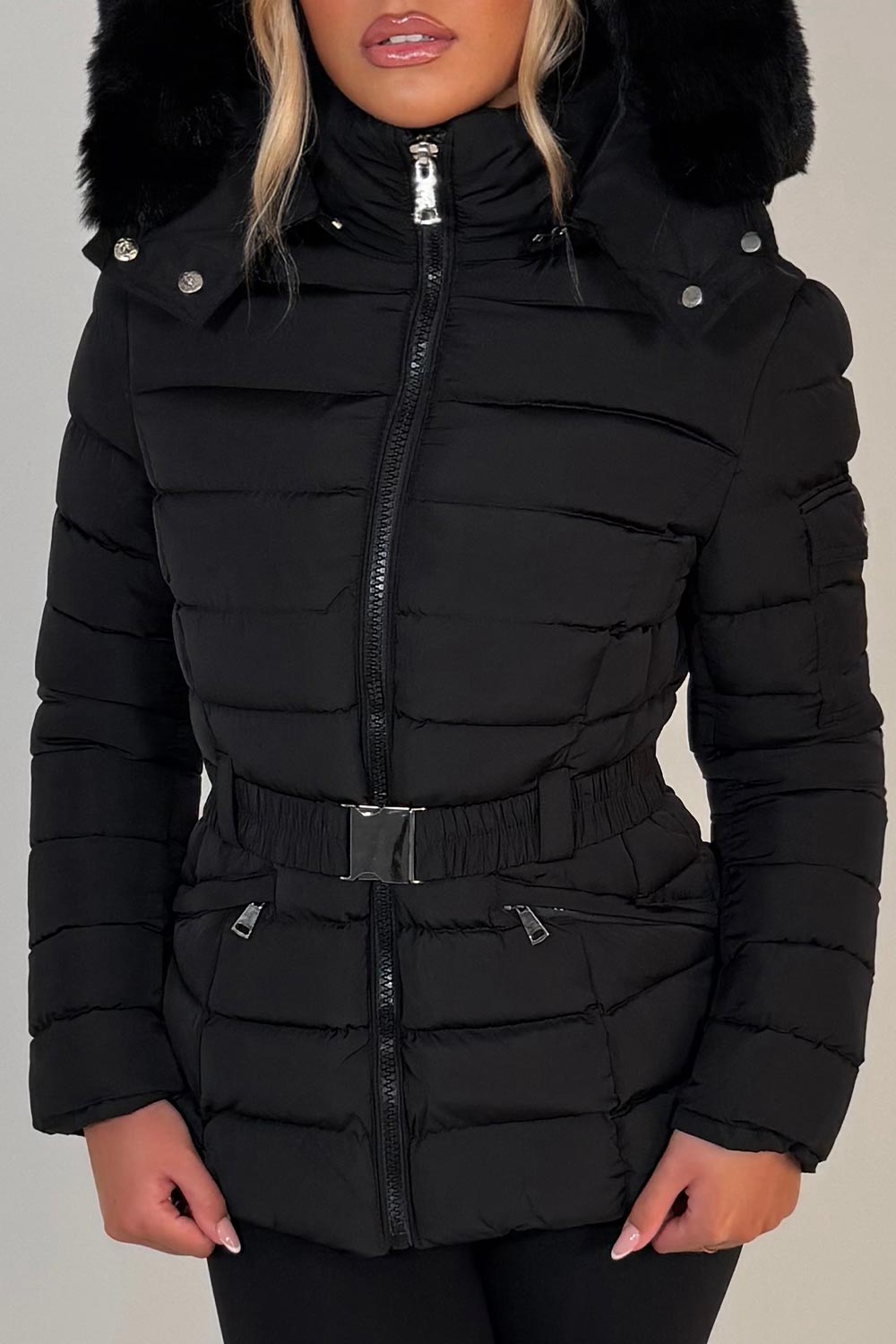 Black Puffer Padded Winter Jacket With Faux Fur Hood