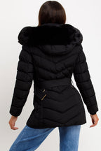 Black Puffer Coat With Faux Fur Hood And Belt