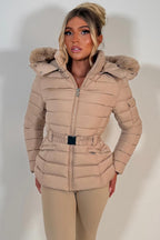 Puffer Padded Winter Jacket With Faux Fur Hood Beige