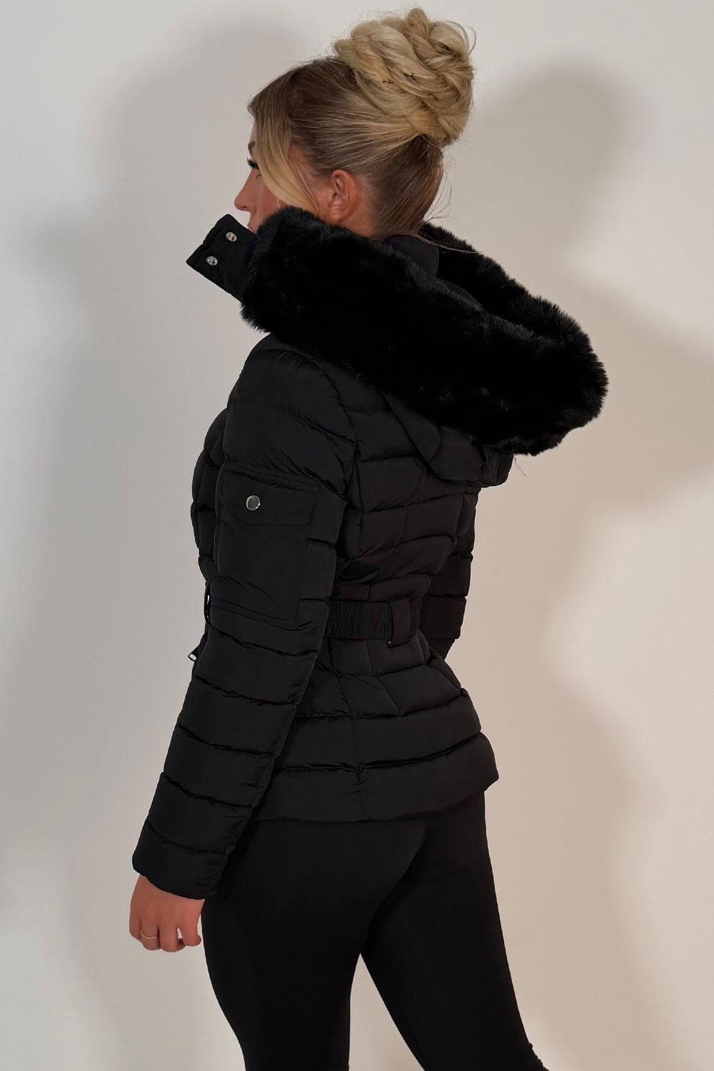 Black Puffer Padded Winter Jacket With Faux Fur Hood