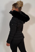 Black Puffer Padded Winter Jacket With Faux Fur Hood