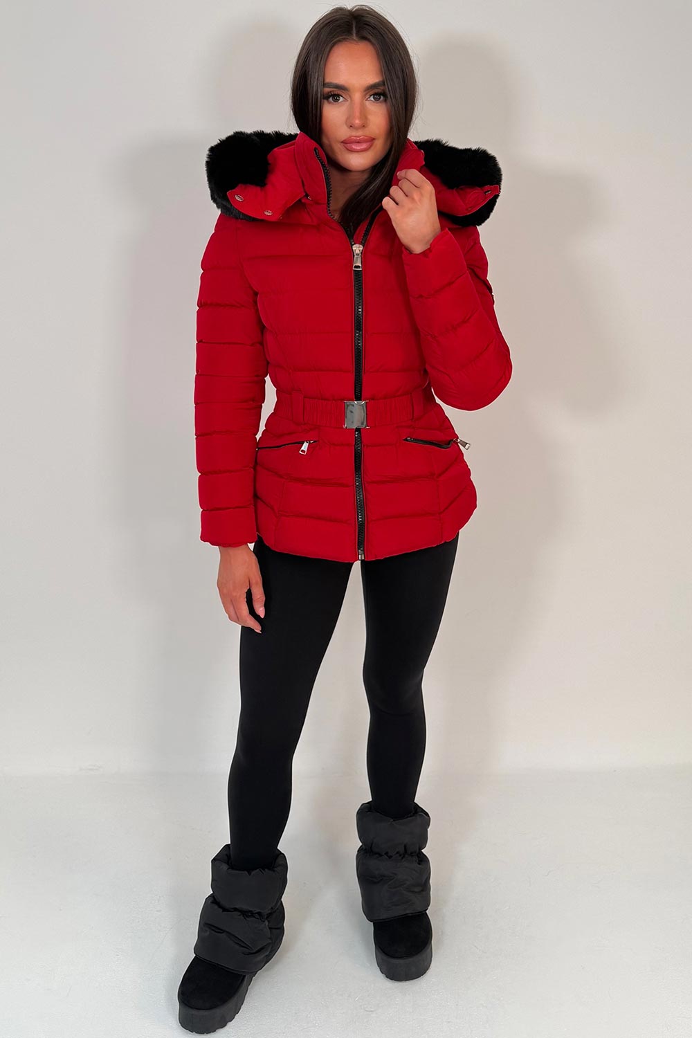 Puffer Padded Winter Jacket With Faux Fur Hood Red