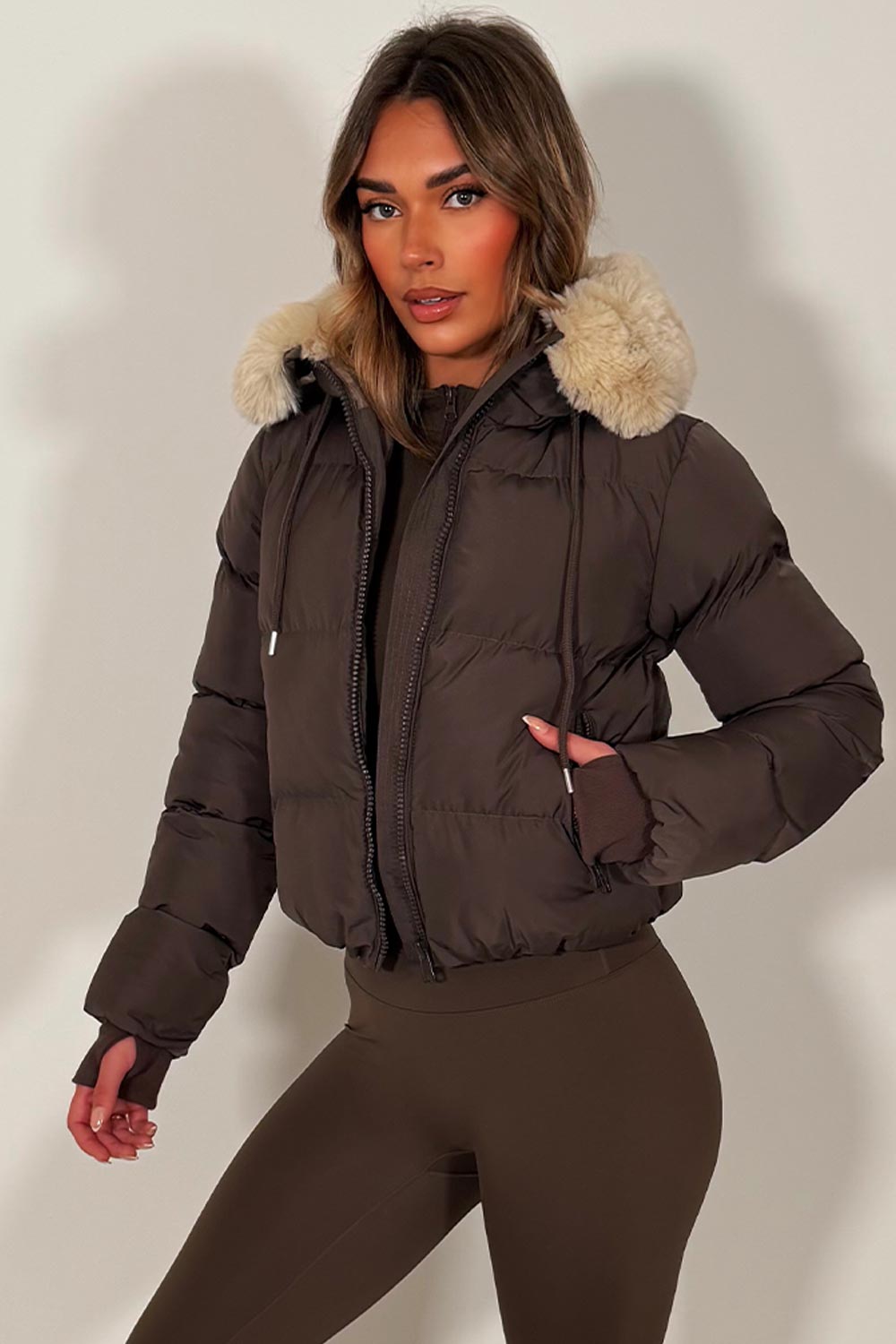 Brown Puffer Jacket With Fur Hood