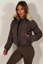 Brown Puffer Jacket With Fur Hood
