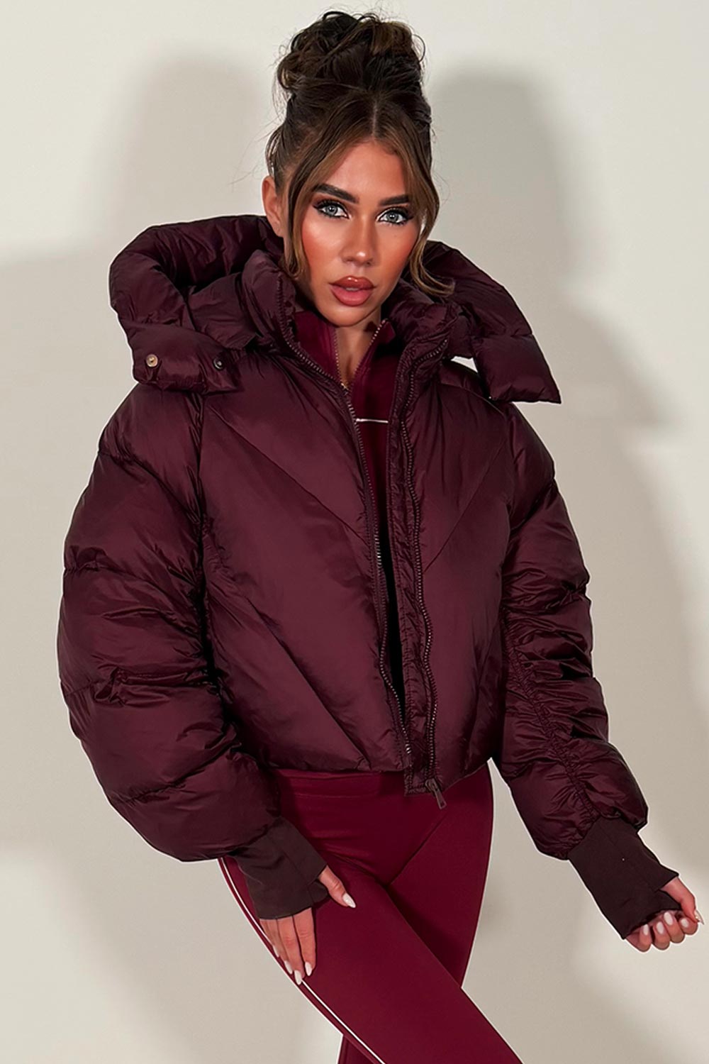 Burgundy Puffer Padded Jacket With Hood