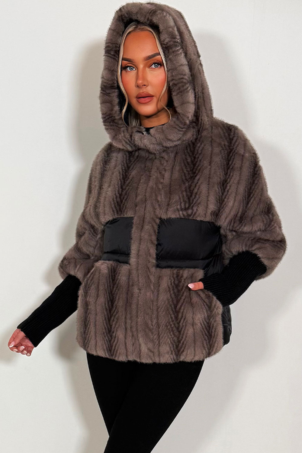 Faux Fur Jacket With Hood Taupe