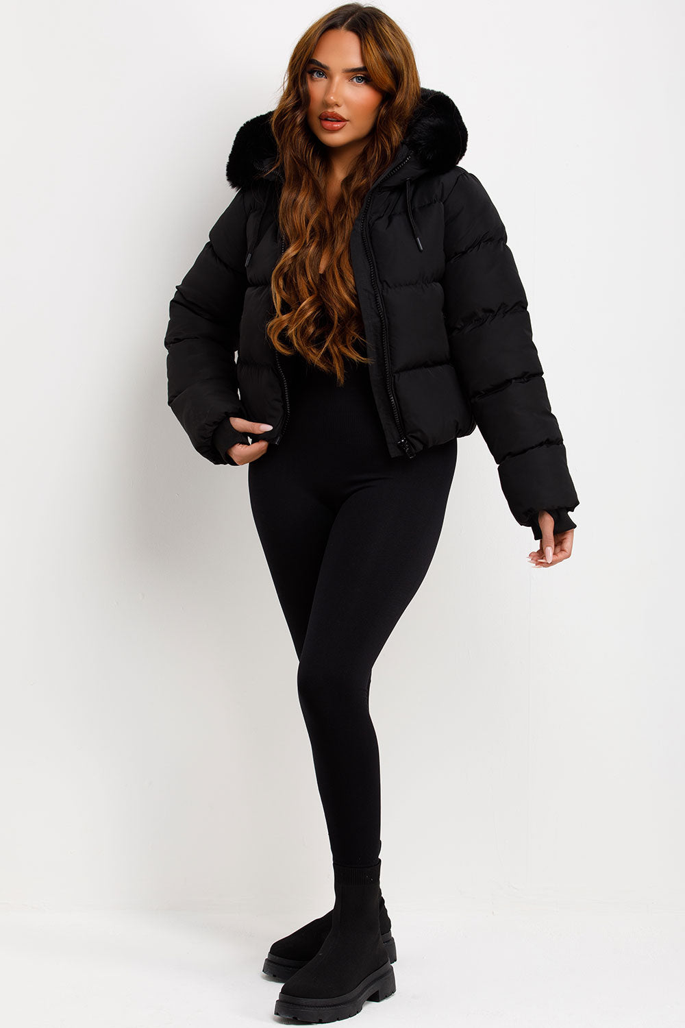 Black Puffer Jacket With Fur Hood