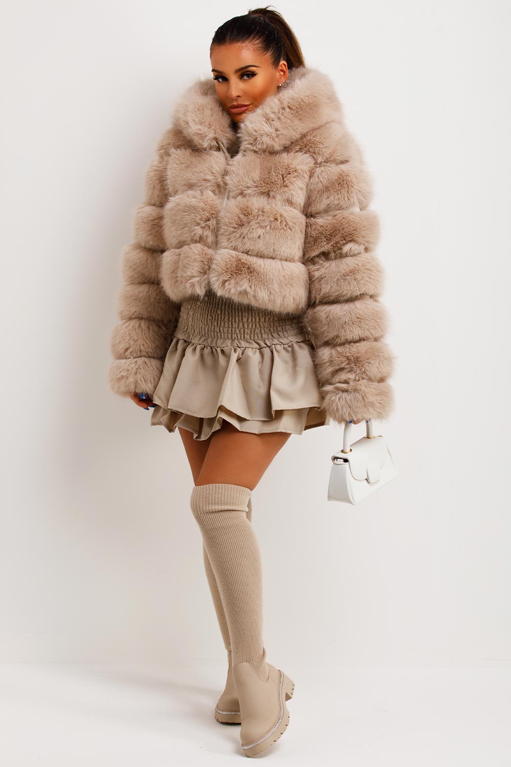 Faux Fur Coat With Hood Beige