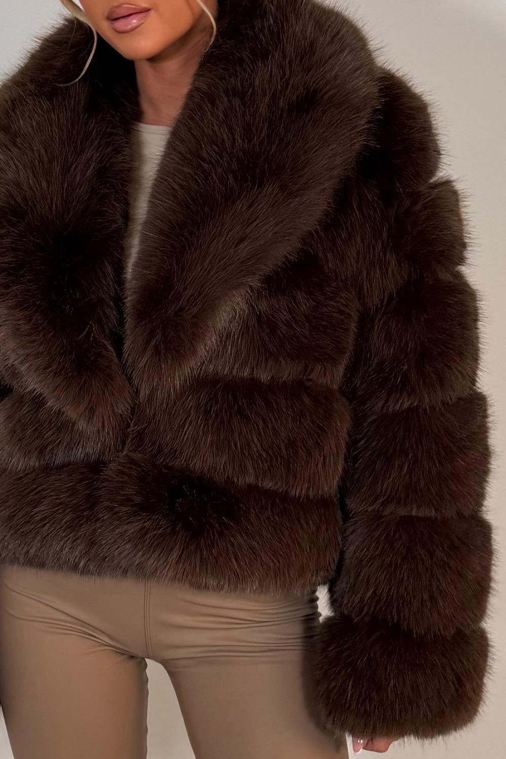 Faux Fur Coat With Collar Brown