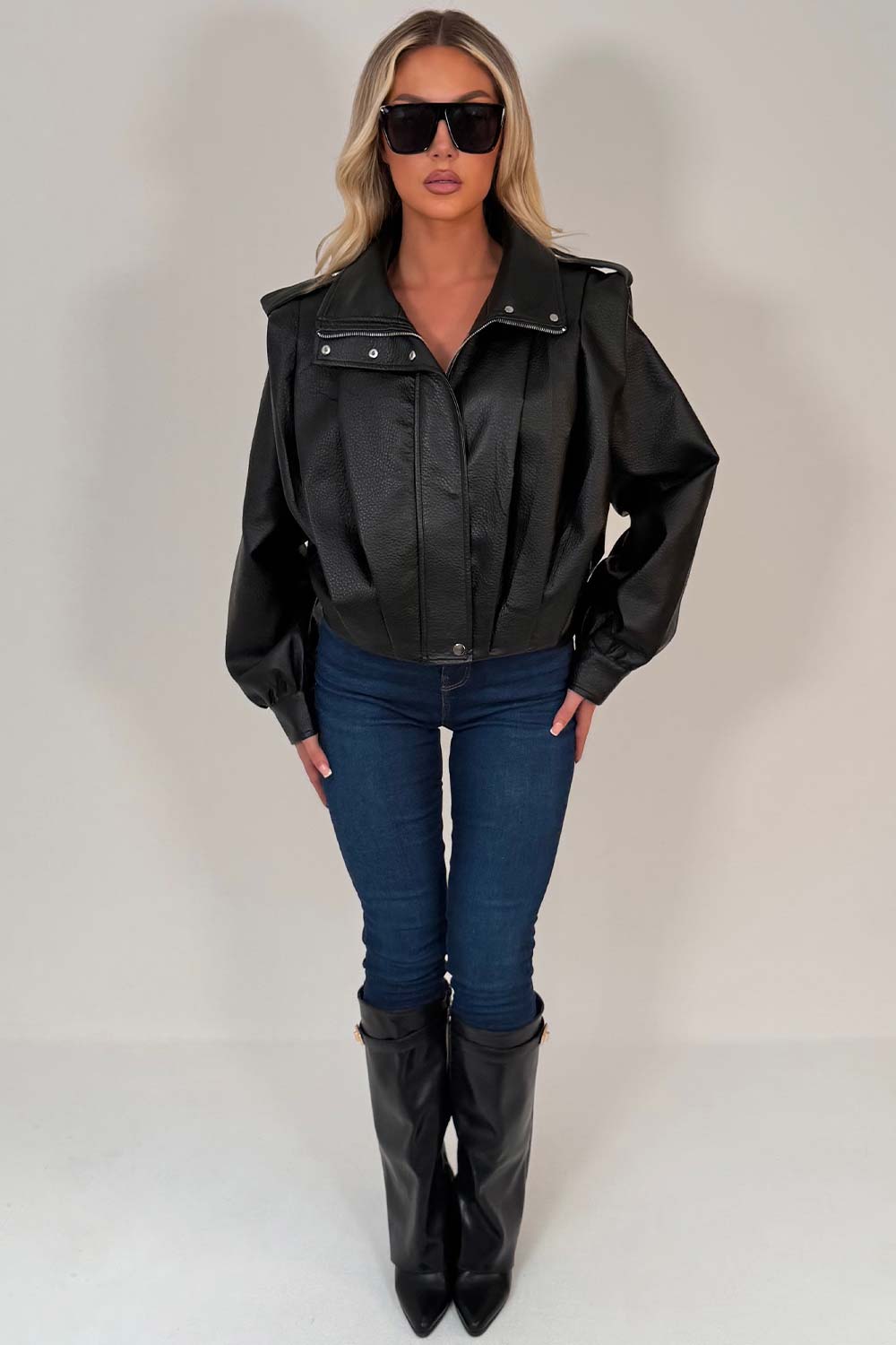 Black Faux Leather Funnel Neck Bomber Jacket