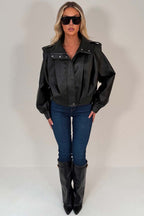 Black Faux Leather Funnel Neck Bomber Jacket
