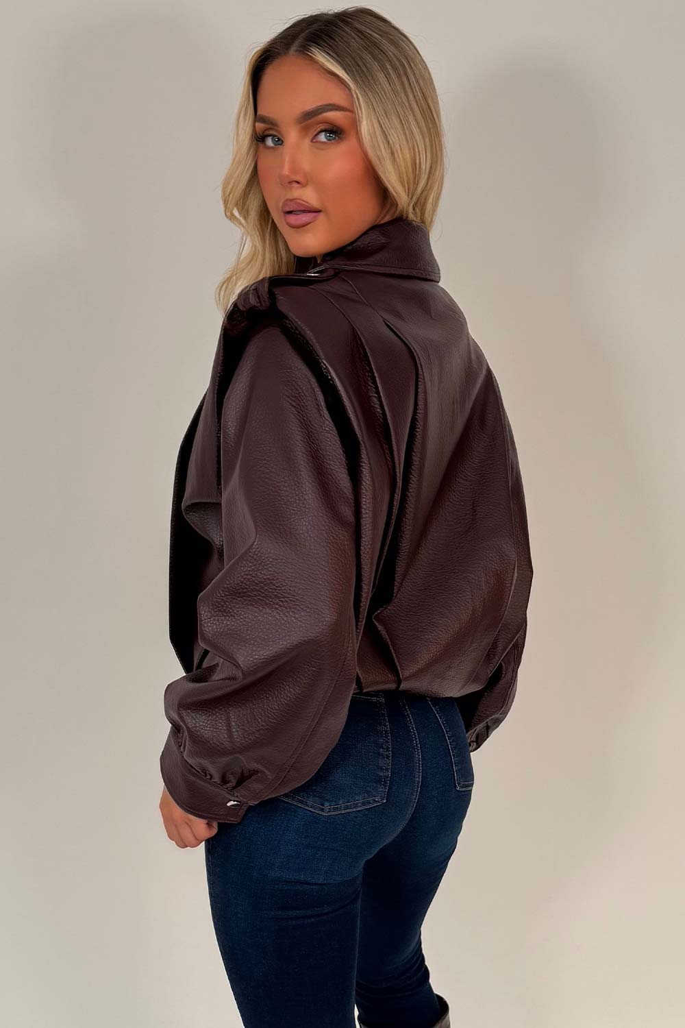 Burgundy Faux Leather Funnel Neck Bomber Jacket