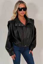 Black Faux Leather Funnel Neck Bomber Jacket