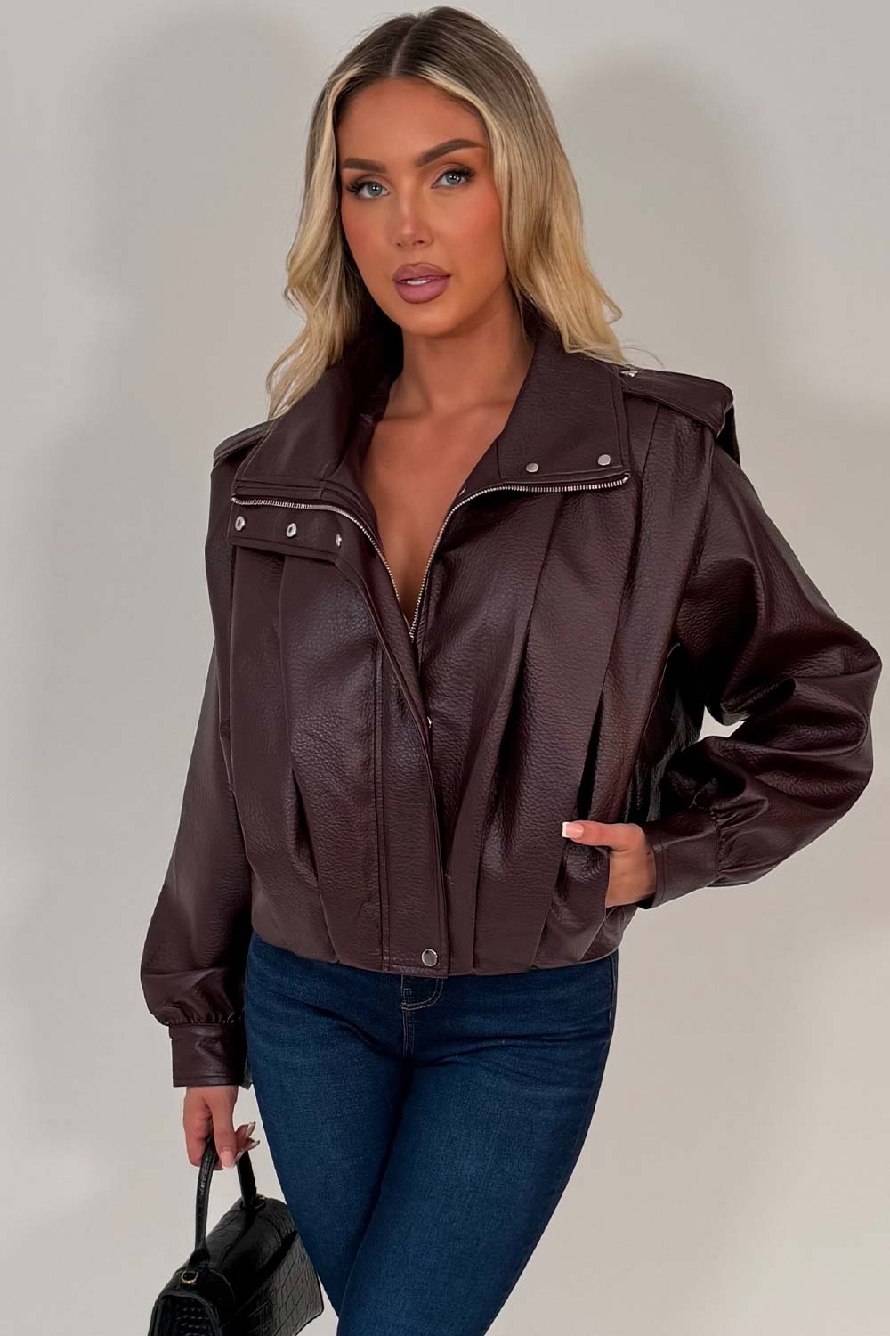 Burgundy Faux Leather Funnel Neck Bomber Jacket