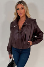 Burgundy Faux Leather Funnel Neck Bomber Jacket