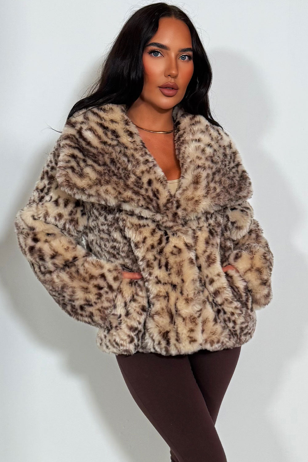 Faux Fur Jacket In Beige Leopard Print