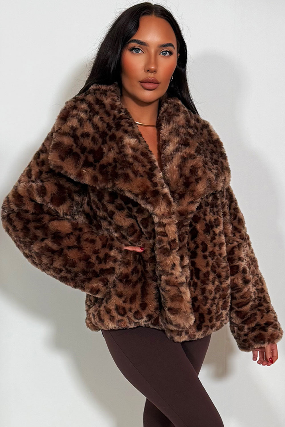 Faux Fur Jacket In Tan Leopard Print