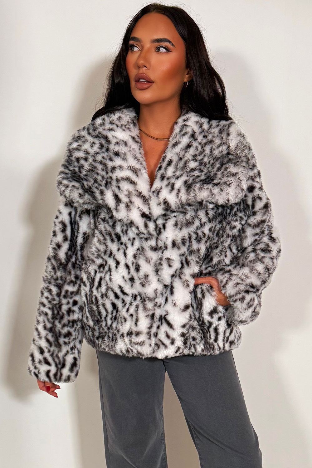 Faux Fur Jacket In White Leopard Print