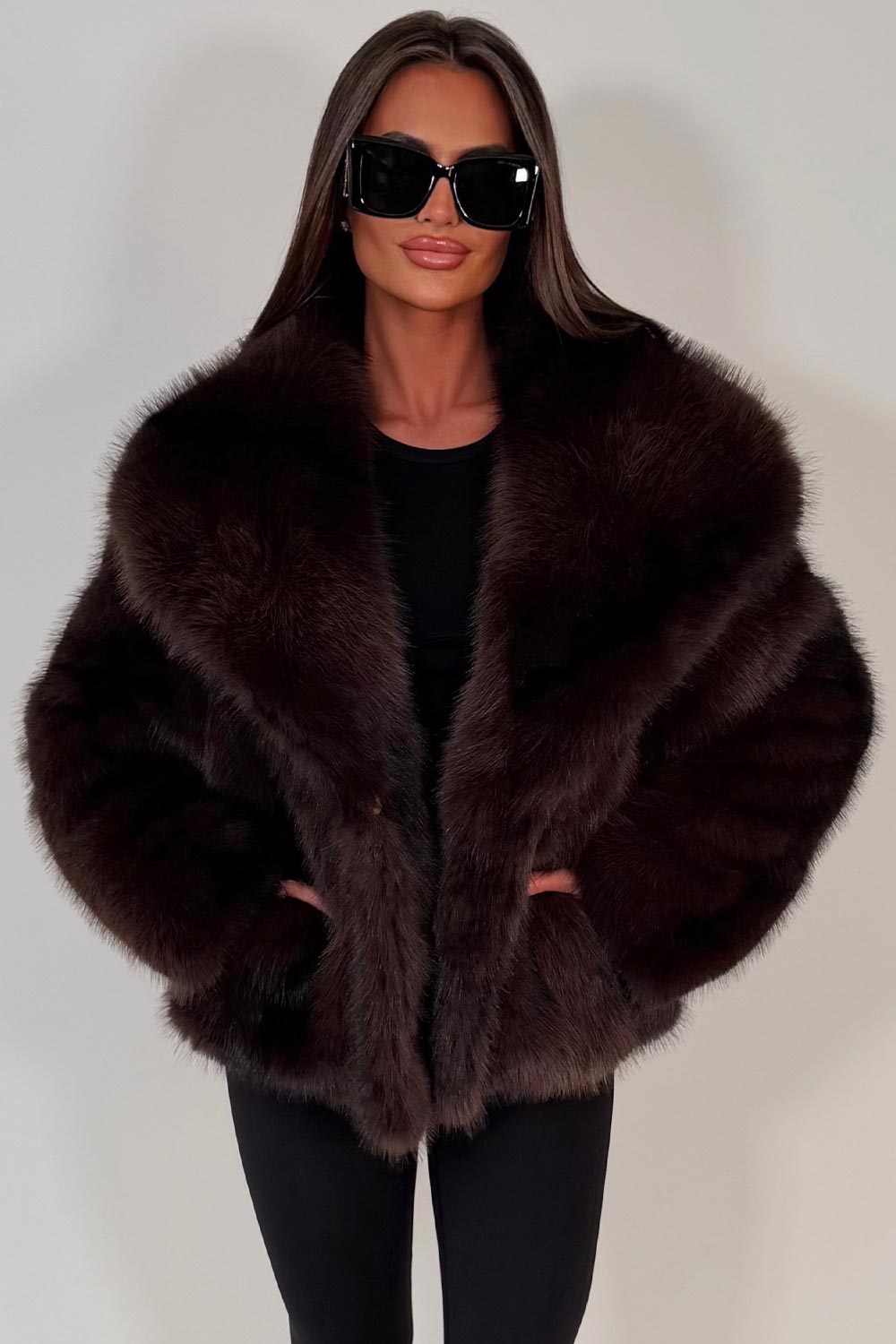 Faux Fur Jacket Collared Brown Colourway