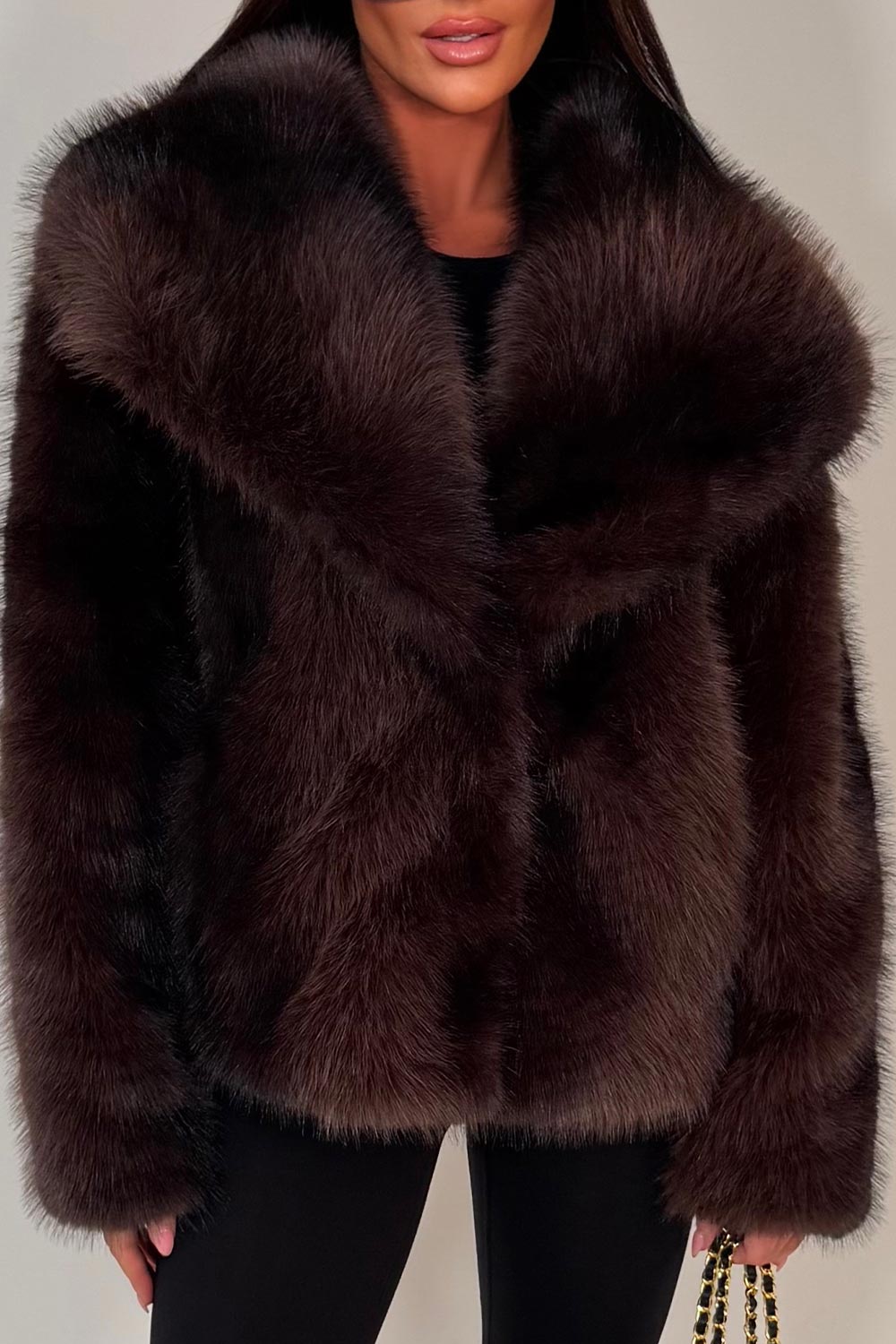 Faux Fur Jacket Collared Brown Colourway